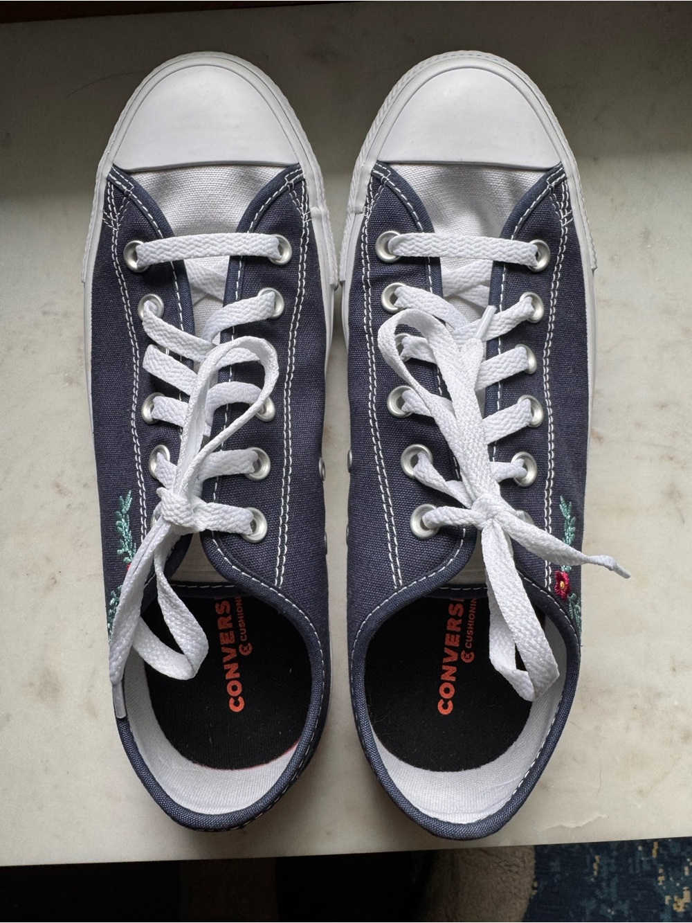 Custom Converse Low-Top Canvas Sneakers in Navy and White with Floral Accent